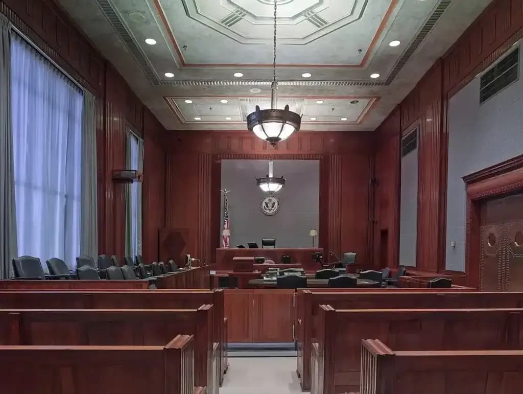 The interior of a wood-paneled American courtroom.